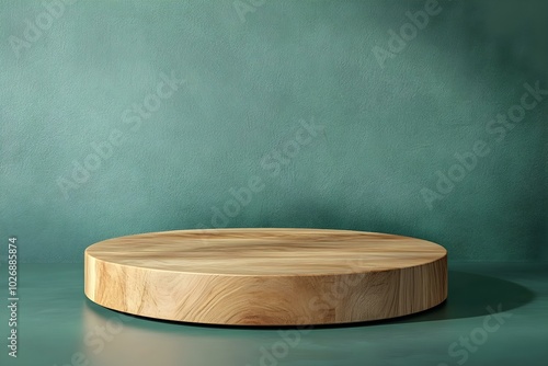Wood round podium for product presentation. 3D circle stand template for eco cosmetics design. A minimalist pedestal against a green wall.