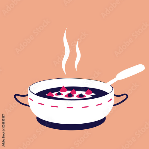 A pot of food with a spoon and steaming hot liquid