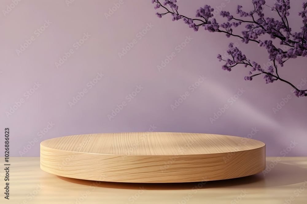 Wooden round podium. Mockup with a stand for the presentation of cosmetics products. 3D circle platform template for minimalistic beauty design. Contemporary stage for decorations Wooden round podium. Mockup with a stand for the presentation of cosmetics products. 3D circle platform template for minimalistic beauty design. Contemporary stage for decorations