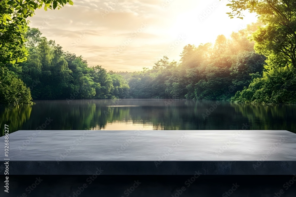 Black concrete countertop against the backdrop of a lake and forest. Empty tabletop with sky and trees landscape for product presentation. Platform mockup with water and sun Black concrete countertop against the backdrop of a lake and forest. Empty tabletop with sky and trees landscape for product presentation. Platform mockup with water and sun