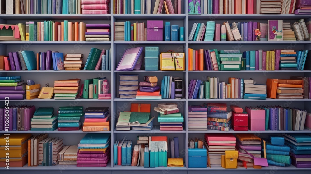 A colorful bookshelf filled with various books neatly arranged, showcasing a vibrant array of spines in multiple colors. A colorful bookshelf filled with various books neatly arranged, showcasing a vibrant array of spines in multiple colors.