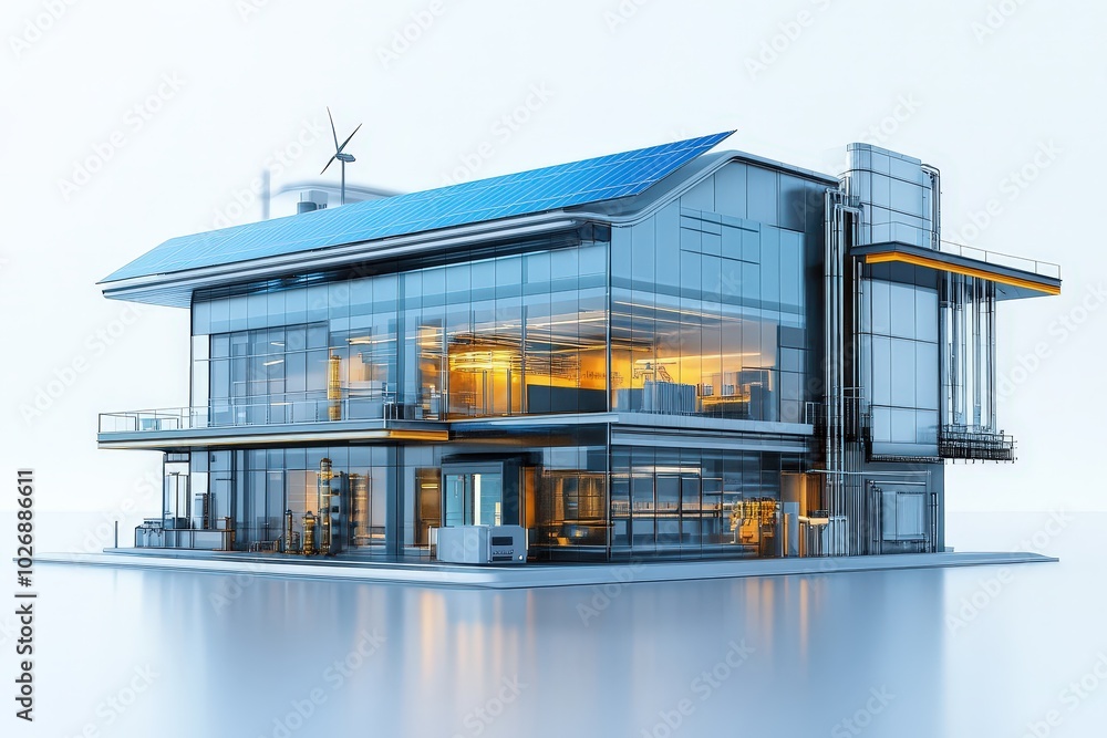 Illustration of Modern Sustainable Smart Factory With Glass Exterior and Solar Panels Illustration of Modern Sustainable Smart Factory With Glass Exterior and Solar Panels