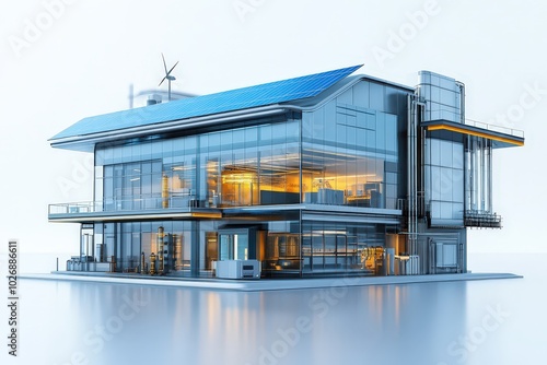 Illustration of Modern Sustainable Smart Factory With Glass Exterior and Solar Panels