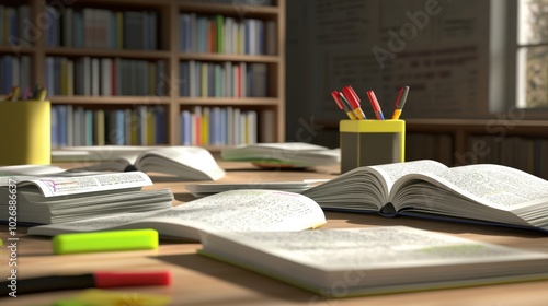 A study table filled with open books, stationery, and highlighters, set against a backdrop of bookshelves, creating a scholarly atmosphere.
