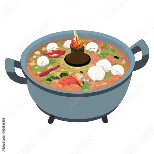 A pot of soup with a flame on top