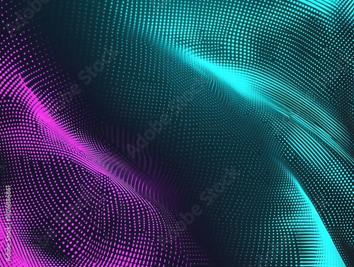 Abstract digital background with glowing waves of pink and blue dots.