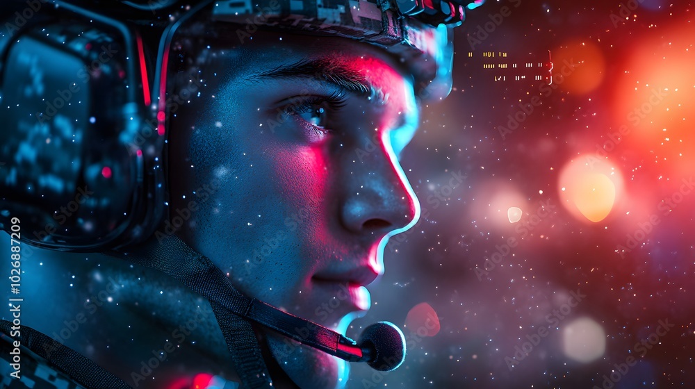 Portrait of soldier using tactical headset in celestial warfare, realistic close-up focusing on communication and air-force engagement Portrait of soldier using tactical headset in celestial warfare, realistic close-up focusing on communication and air-force engagement
