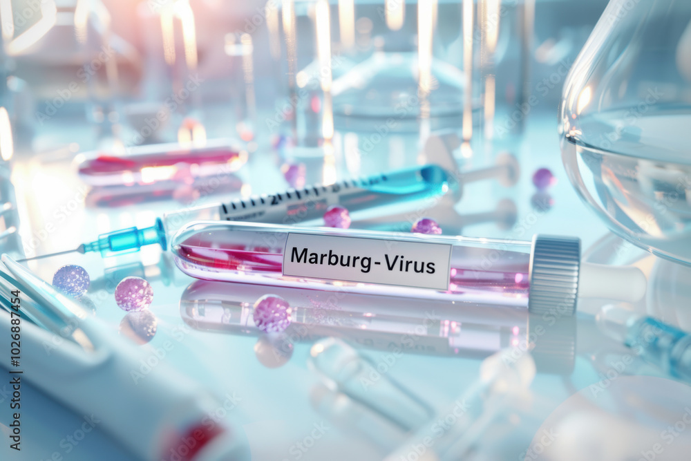 Marburg virus vial in laboratory setting with scientific equipment and colorful liquids virus research concept Marburg virus vial in laboratory setting with scientific equipment and colorful liquids virus research concept