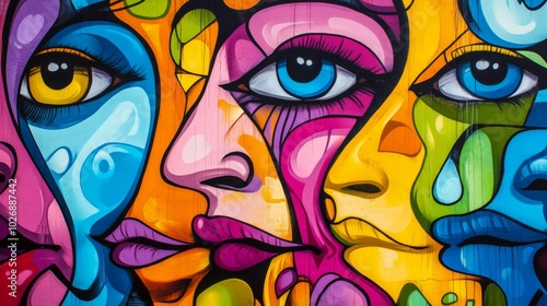 Colorful Abstract Faces in Vibrant Street Art