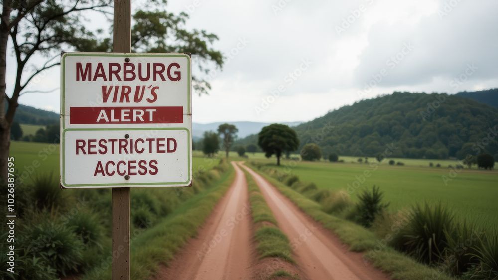 Marburg virus alert sign on rural dirt road warning restricted access amid lush landscape, infectious disease concept Marburg virus alert sign on rural dirt road warning restricted access amid lush landscape, infectious disease concept