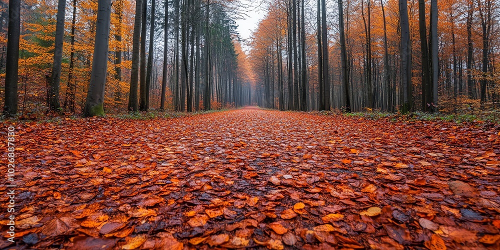A path through an autumn forest with fallen leaves. A path through an autumn forest with fallen leaves.