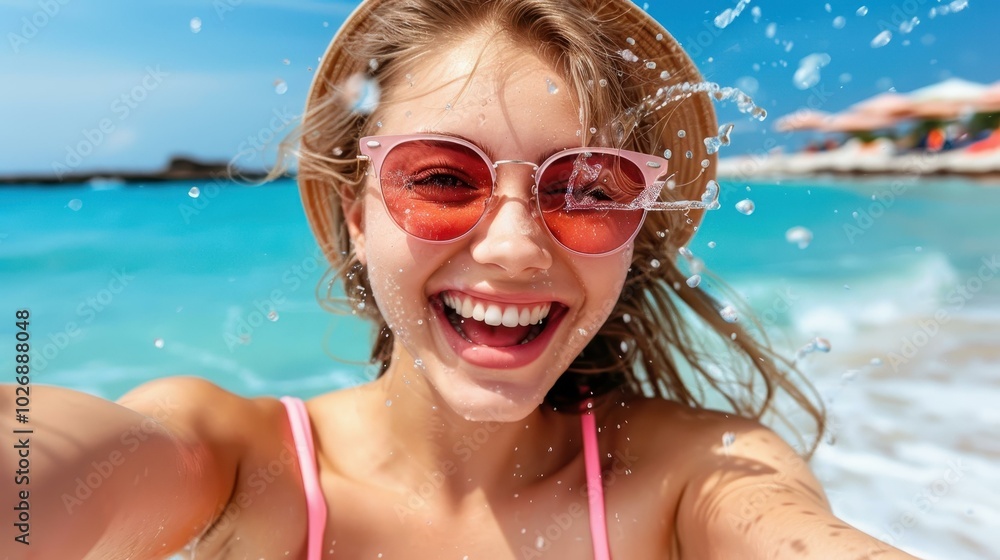 A joyful young woman captures a sunny selfie while splashing in the sea, embracing summers beauty and fun A joyful young woman captures a sunny selfie while splashing in the sea, embracing summers beauty and fun