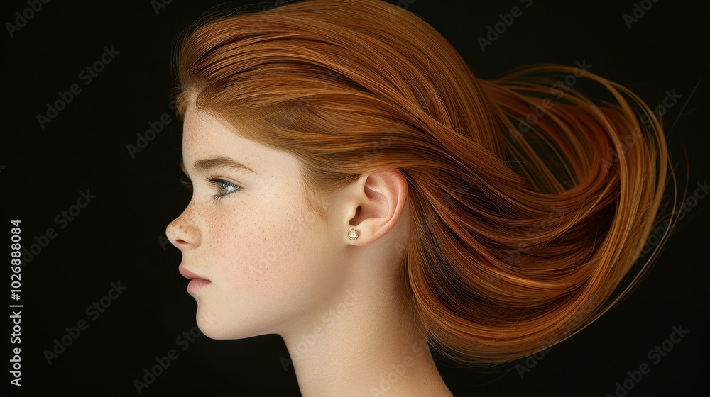 Naklejka premium Stunning portrait of a young woman with flowing red hair, highlighting her beauty against a sleek black backdrop.