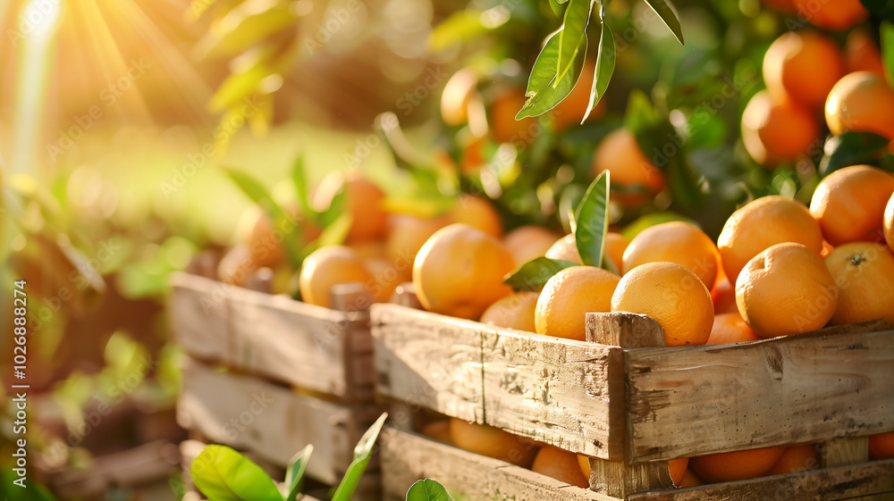 Freshly harvested oranges in wooden crates at farm Freshly harvested oranges in wooden crates at farm