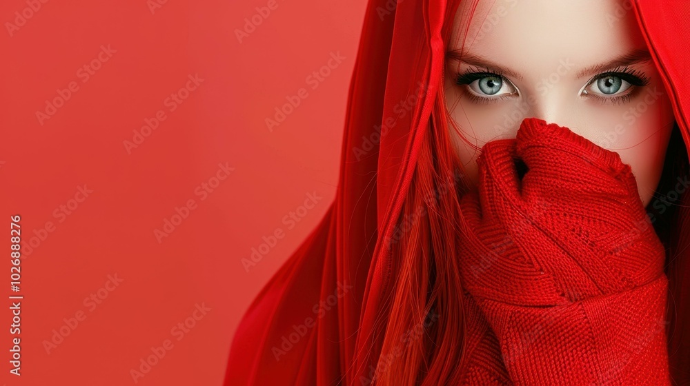 A striking girl in red hair and gloves sensationally poses with red fabric under vibrant neon lights, creating allure. A striking girl in red hair and gloves sensationally poses with red fabric under vibrant neon lights, creating allure.