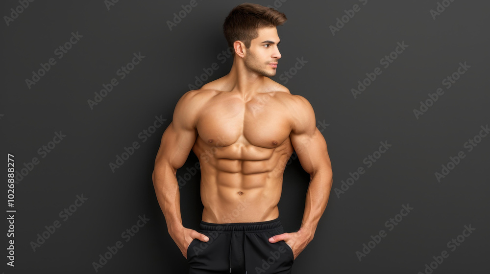 Fototapeta premium A muscular man confidently poses, showcasing his toned torso against a striking black background for a bold look.