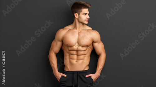 A muscular man confidently poses, showcasing his toned torso against a striking black background for a bold look.