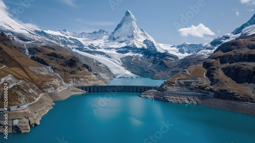 stunning view of dam surrounded by majestic mountains and clear blue lake, showcasing beauty of nature and power of renewable energy