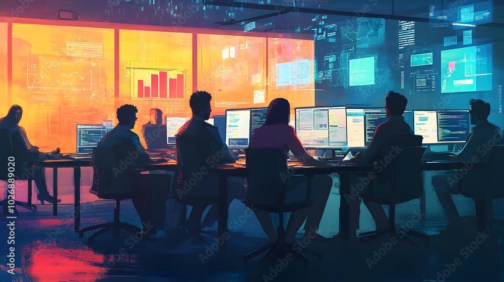 A Group of People Working on Computers in a Dimly Lit Office A Group of People Working on Computers in a Dimly Lit Office