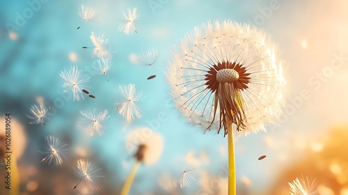 A dandelion with seeds blowing in the wind against a blue sky. photo