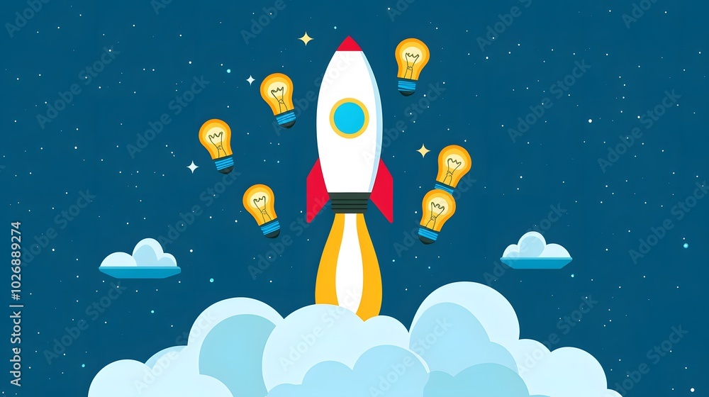 Rocket Ship Soaring Through Space Surrounded by Light Bulbs Rocket Ship Soaring Through Space Surrounded by Light Bulbs