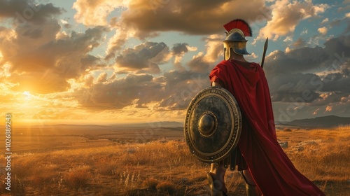 Spartan warrior wearing a red cloak and an iron helmet holding a spear, shield, and sword on the field of battle against a sunset background.