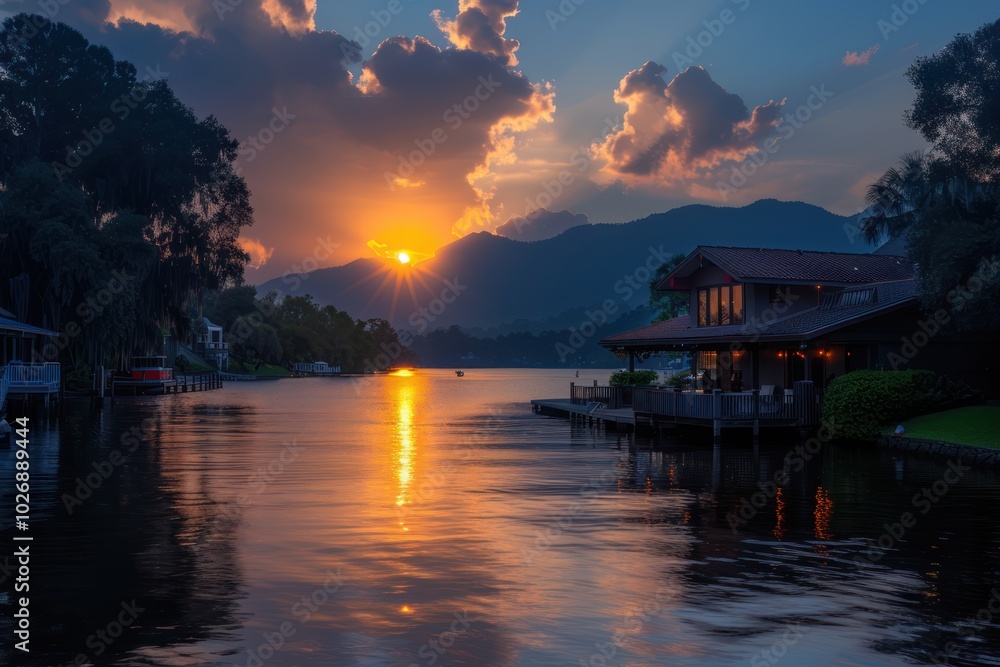 Fototapeta premium USA's Festive Reflection: A Panoramic Landscape of Fireworks and Sky on New Year's or Independence Day Celebration - Holiday Background, Banner, and Greeting Card