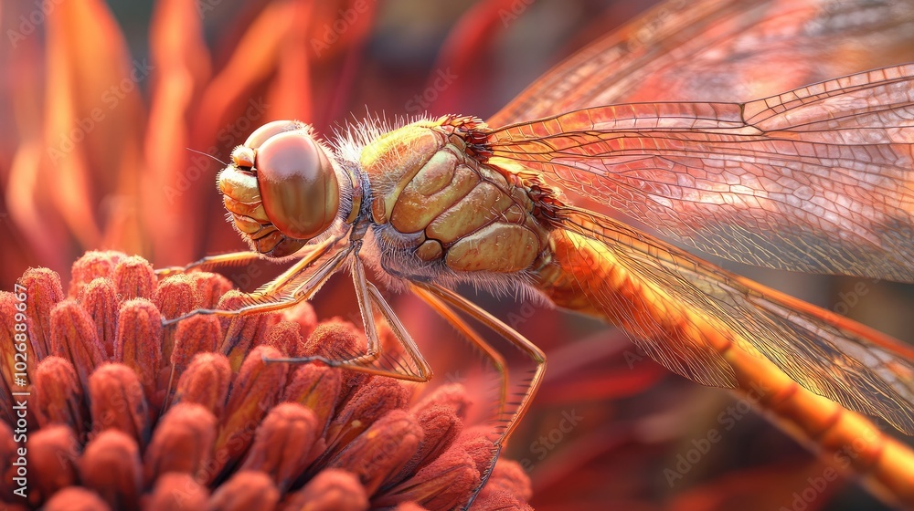 Vibrant Dragonfly Perched on Colorful Flower Petals Vibrant Dragonfly Perched on Colorful Flower Petals