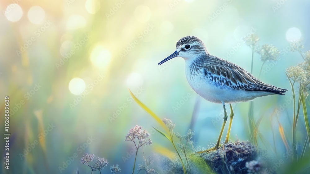 Naklejka premium Water bird: Wood Sandpiper, Tringa glareola.