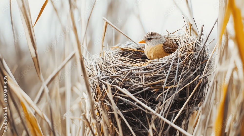 Bird Nesting in Reeds with Brown Feathered Bird Bird Nesting in Reeds with Brown Feathered Bird