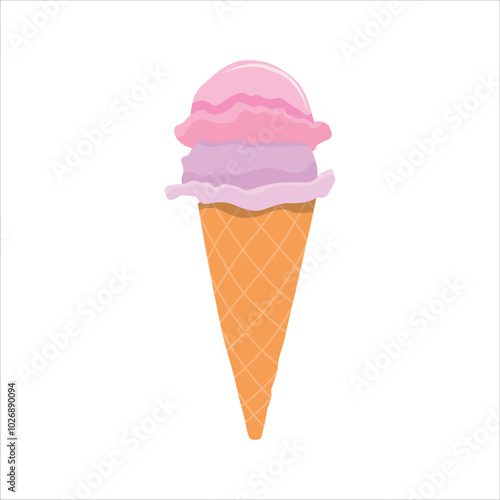 Vector illustration of cone ice cream in cartoon flat style. Colorful ice cream set.Tasty summer dessert.Ice-cream scoop and waffle cone with different toppings.