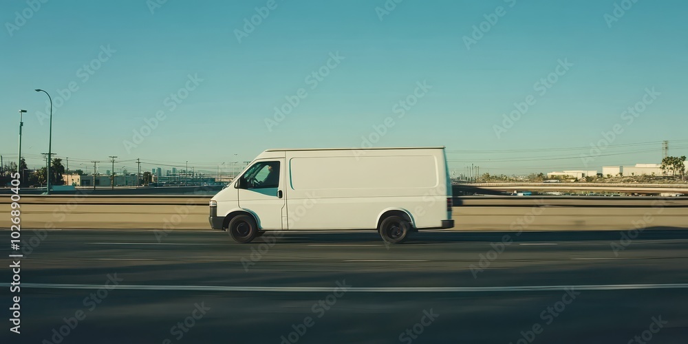 A White Delivery Van Speeding on the Highway The Journey of Goods and Freight A White Delivery Van Speeding on the Highway The Journey of Goods and Freight