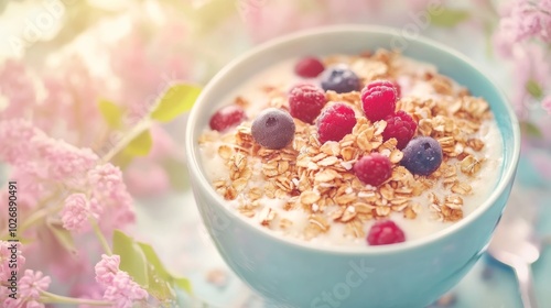 Lightly toasted muesli for breakfast on vintage plate.