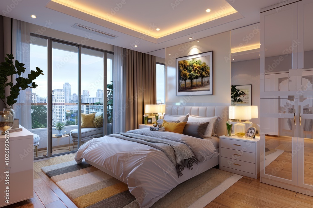 Fototapeta premium Minimalist White Wooden Wardrobe in Scandinavian Bedroom Interior Design