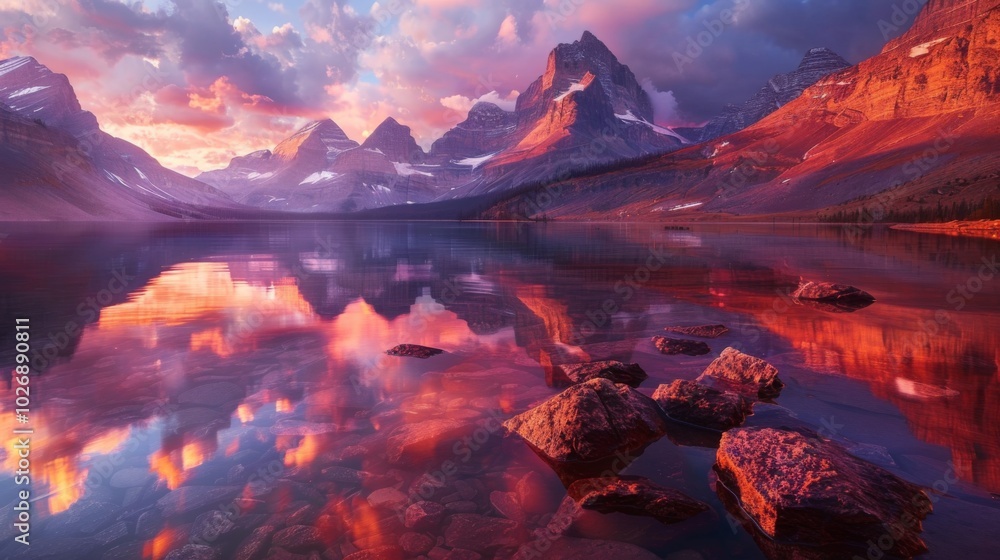 Obraz premium Majestic Alpine Glow Sunset Reflective Mountain Lake Serene Nature Scenery High Resolution Wallpaper Background