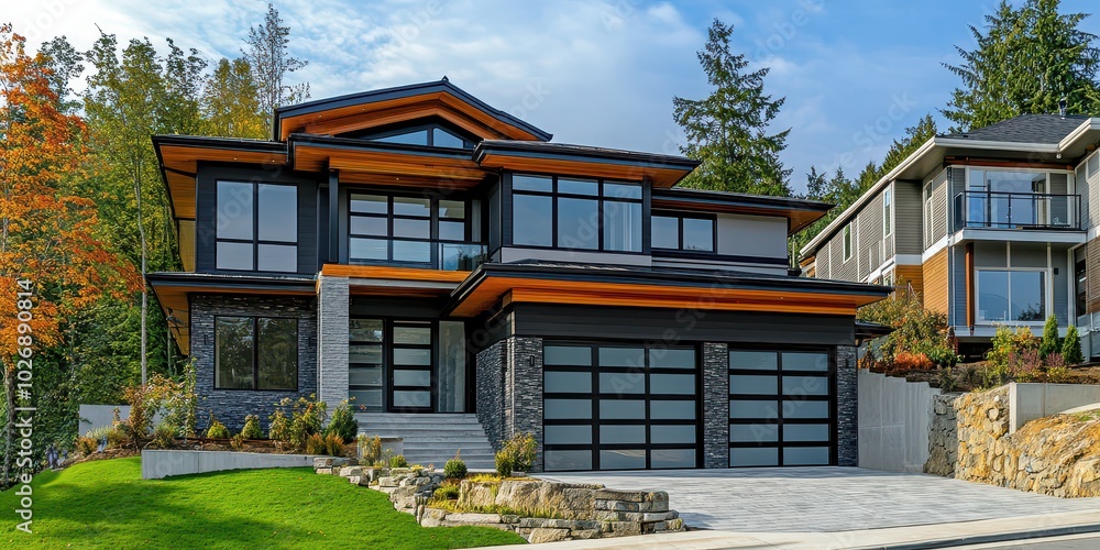 Fototapeta premium Luxurious Modern Home with Sleek Design and Beautiful Surroundings