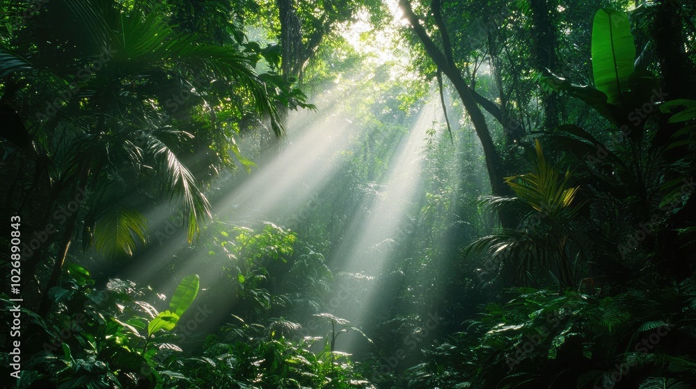 Obraz premium Sunlight Streaming Through Lush Jungle Canopy