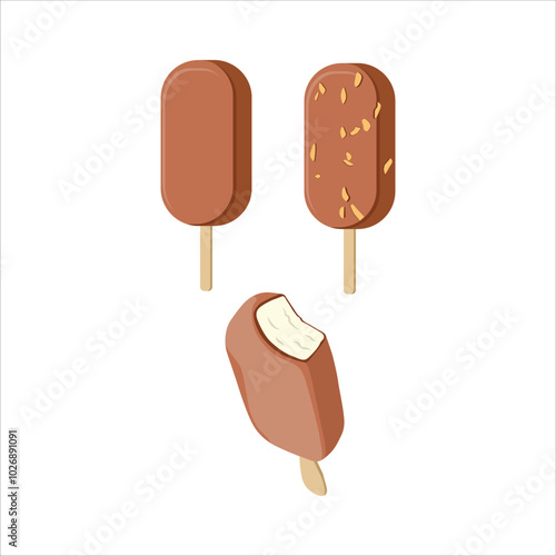 Vector illustration set of ice cream in cartoon flat style. A set of ice cream on a stick, in a waffle cup, a cone. Fruit, colorful. Decor for children room, posters, stickers, wrapping paper, fabric