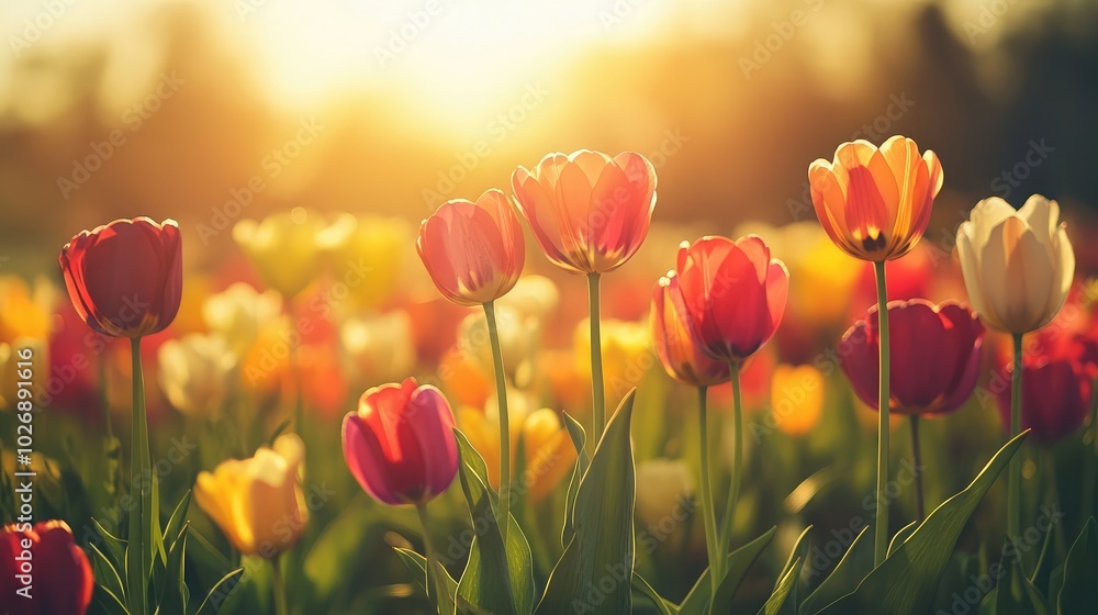 Fototapeta premium Colorful Tulip Field Bathed in Soft Sunset Light