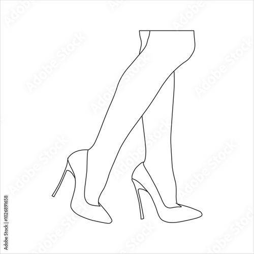 Vector illustration of outline female leg in cartoon flat style. Woman line art legs wearing shoes. Female smooth skin in tights, girl sensual foot with raised shin, woman sexy leg in tights