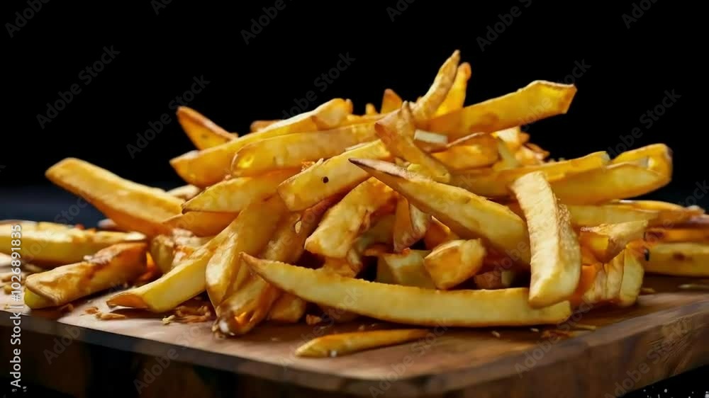 A pile of French fries with original flavor served on a cutting board isolated on a black background A pile of French fries with original flavor served on a cutting board isolated on a black background