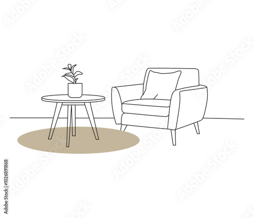 continuous one line drawing of sofa and floor lamp and table with plant. Modern interior design simple Linear style. furniture vector illustration