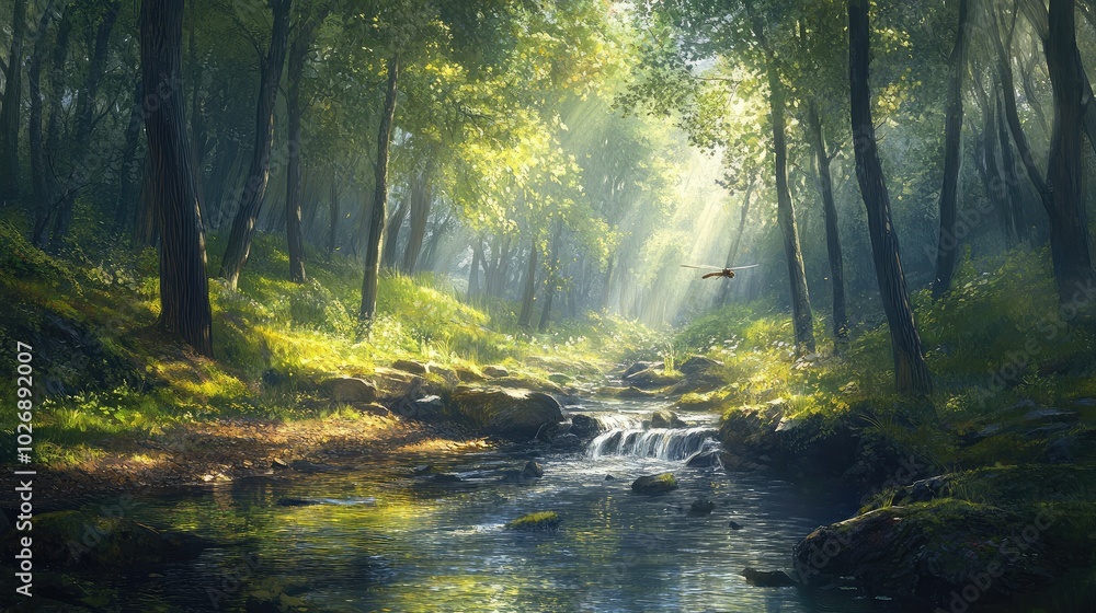 Fototapeta premium Serene Forest Stream with Sunlight Filtering Through Trees