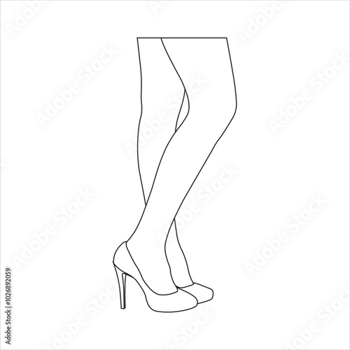 Vector illustration of outline female leg in cartoon flat style. Woman line art legs wearing shoes. Female smooth skin in tights, girl sensual foot with raised shin, woman sexy leg in tights