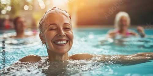 Active Senior Women Enjoying Aqua Fit Class in a Pool