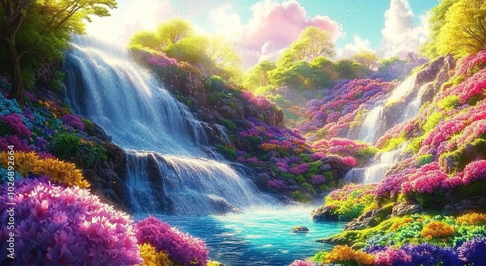 Naklejka premium A colorful fantasy landscape with waterfalls, lush greenery, and blooming flowers.