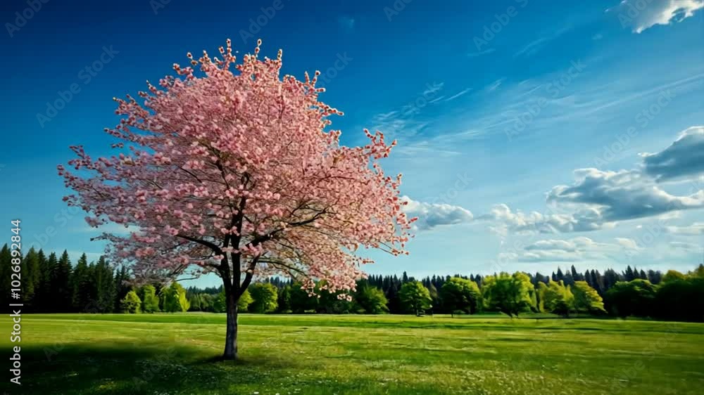 A peaceful park scene featuring a wide-open grassy field, a beautiful flowering tree in full bloom, and a clear blue sky, A peaceful park scene featuring a wide-open grassy field, a beautiful flowering tree in full bloom, and a clear blue sky,