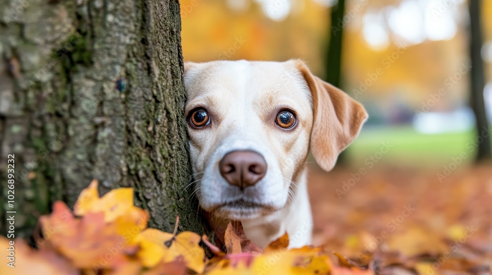 A curious dog peeks behind a vibrant autumn tree, showcasing the beauty of fall and the joy of pet companionship. A curious dog peeks behind a vibrant autumn tree, showcasing the beauty of fall and the joy of pet companionship.