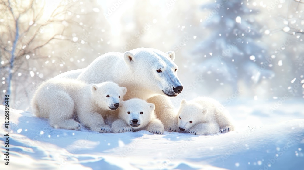 A stunning image captures a polar bear with her cubs, showcasing their beauty in a clean, vibrant landscape.