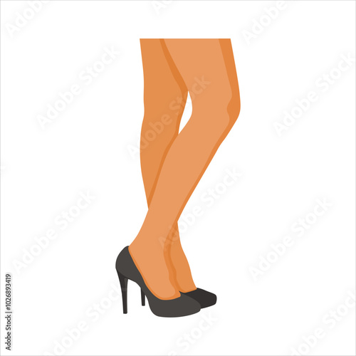 Vector illustration single female leg in cartoon flat style. Woman legs wearing shoes. Female smooth skin in tights, girl sensual foot with raised shin, woman sexy leg in tights